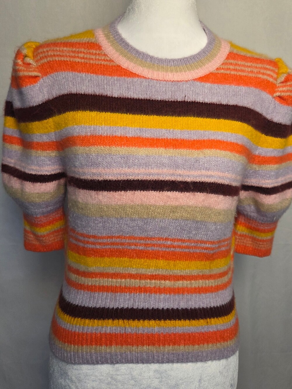 Zara Striped Puff-Sleeve Crew Sweater in Pastel Multi Colors